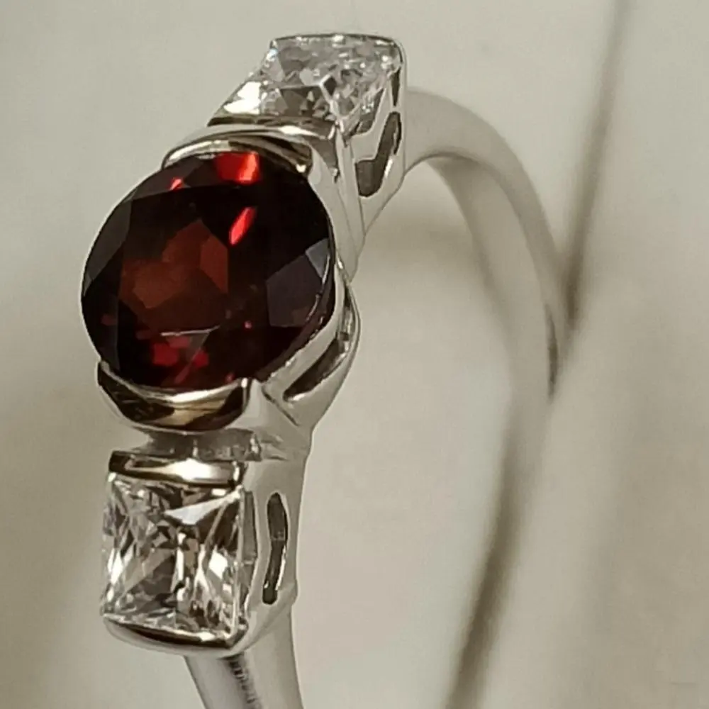 925 Sterling Silver Garnet Ring With Princess Cut Cubic Zircon With White Rhodium Plated Fashion Ring