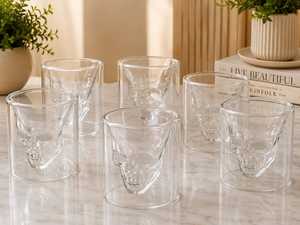 Verre à shot en verre borosilicate écologique à double paroi de 2 oz, fait main, de luxe, avec motif tête de mort, pour whisky - Product Image 1