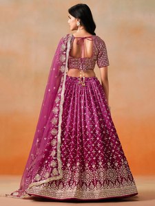 Purple Embroidered Organza <b>Lehenga</b> Set Crop Top Dupatta A-Line Floor-Length Bridesmaid Dress V-neck Backless Natural Waistline - Product Image 3