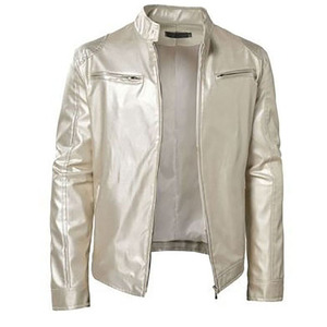 Chaqueta de Moto para Hombre de Cuero PU Crema, Cuello Alto, Cierre de Cremallera, Corte Ajustado, Largo Regular, para Otoño, Color Sólido, Forro Satinado - Product Image 1