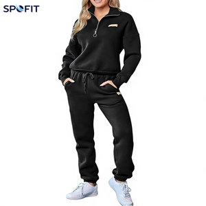 Women's Half <b>Zip</b> Fleece Eco-Friendly Breathable Solid Lounge Tracksuit Set Heavyweight Cotton 220g Two Piece Casual Wear Autumn - Product Image 3