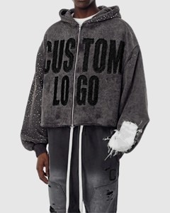 Sweat à capuche personnalisé pour homme avec strass, coupe oversize à épaules tombantes, broderie vieillie, délavage acide et délavé à la pierre, style vintage - Product Image 5