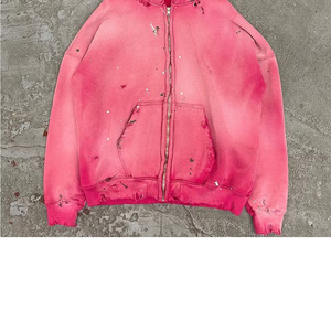 เสื้อฮู้ดดี้ย้อมสีแบบแอซิดวอชสำหรับผู้ชาย ผ้าฝ้ายหนานุ่ม เฟรนช์เทอร์รี่ สีชมพูวินเทจซีดจาง ซิปหน้า สไตล์ดิสเทรส แบบสวมหัว สไตล์วิทยาลัย - Product Image 5