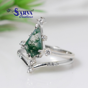 Women's 925 Silver Moissanite <b>Ring</b> With Natural <b>Green</b> Stone Geometric Design Rhodium Plated Bohemia Style - Product Image 6