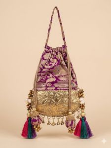 Sac Potli en Brocart Artisanal Conifer avec Broderie Métallique en Relief, Pompons, Forme Seau, Bandoulière, Cadeau Ethnique pour Mariage et Fête, 1L - Product Image 2