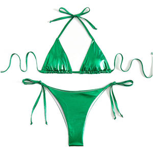 Ensemble de bikini vert métallisé pour femme, 2 pièces, maillot de bain croisé à nouer sur le côté avec détail cordon de serrage - Product Image 1