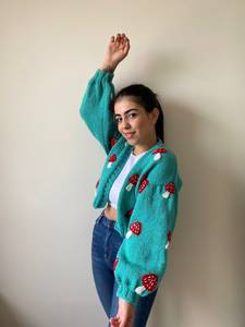 Cárdigan de Mujer Tejido a Mano con Apliques de Hongos, Color Verde Azulado, Manga Larga, Estilo Casual para Otoño - Product Image 2