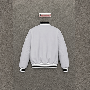 CASUAL LIGHT GREY STREETWEAR VARSITY <b>JACKET</b> FOR <b>MEN</b> <b>White</b> Stitching And Striped Trim Casual Autumn Wear SNAP BUTTON COMFORT FIT - Product Image 6