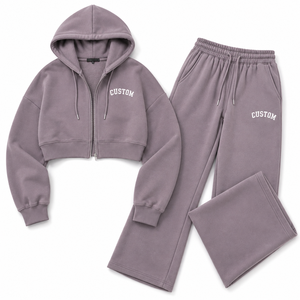 Ensemble de survêtement décontracté athleisure pour femme, avec sweat à capuche court zippé et pantalon de survêtement large, couleur lavande, personnalisable avec logo OEM, marque privée, fabrication en usine - Product Image 3