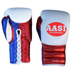 Gants de boxe pour hommes en cuir de vachette bleu brillant texturé avec lacets bicolores, couleurs personnalisables, gants de sport quatre saisons - Product Image 1