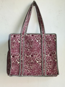 Bolso Tote Acolchado con Estampado Floral Rosa, Diseño de Paneles de Tela de Algodón, Estilo Elegante, Parte Superior Abierta, Bolso de Compras para Todas las Temporadas - Product Image 1