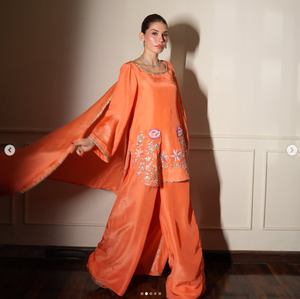 <b>Orange</b> Silk Satin Salwar Kameez Floral Embroidery Regular Fit Crop Length Traditional Indian Pakistani Women Wedding Wear SADIA - Product Image 5