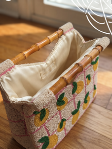 Bohemian Beaded <b>Tote</b> <b>Bag</b> Citrus Pattern for Handmade <b>Summer</b> Beach with Bamboo Handle Open Single SATIN Lining - Product Image 2