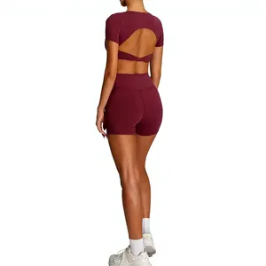 <b>Burgundy</b> 2 Piece Yoga Set High Waist <b>Shorts</b> Scoop Neck Crisscross Back Cut-Out Seamless Sport Wear - Product Image 1