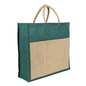 Sac fourre-tout en jute vert avec panneau frontal naturel et poignées robustes - Product Image 5