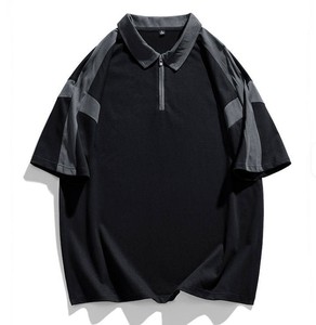 Polo pour femme à blocs de couleur, manches courtes, décontracté, tricoté, séchage rapide, 100 % polyester, patchwork noir et gris - Product Image 1