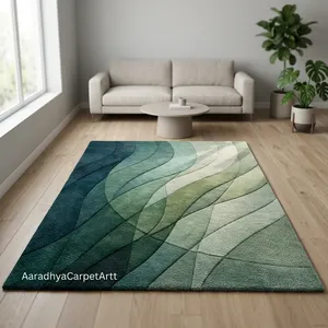 Tapis rectangulaire moderne à dégradé vert abstrait, en laine et acrylique, à poils moyens, avec envers antidérapant en caoutchouc, pour salon - Product Image 2