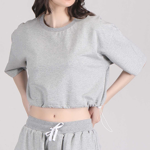 Camiseta Corta Oversize de Algodón 100% Gris Jaspeado para Mujer, Estilo Urbano, Manga Corta, Bajo Ajustable, Holgada - Product Image 4