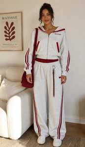 ONETEN APPARELS <b>Women's</b> Maroon <b>White</b> Striped 2 in 1 Lightweight Full Sleeve Hooded Zipper Loose Fit <b>Joggers</b> Casual Sportswear - Product Image 5