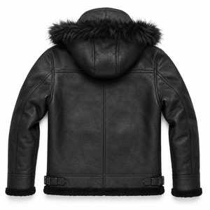 Chaqueta de Cuero Negra Personalizada para Hombre, Chaqueta de Aviador con Capucha de Piel de Oveja, Chaqueta Bomber B3 - Product Image 2
