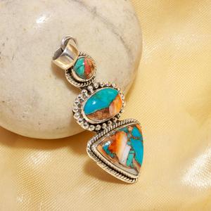 <b>Top</b> Grade Spiny Oyster Copper Turquoise Pendant 925 <b>Silver</b> Handmade Oval Shape Gemstone Inlay Jewelry Gift - Product Image 2