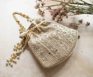 Eco-friendly Durable Rajasthani Silk Drawstring Potli Bag Women <b>Gota</b> Patti Bead Mirror Work Potli Bags For Women Gift Favors - Product Image 1