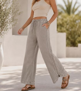 Women's Acid Wash Wide Leg Pants <b>Elastic</b> <b>Waist</b> Drawstring Casual Long <b>Trousers</b> <b>with</b> Pockets - Product Image 5