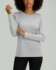 Estilo deportivo para el trabajo, ropa duradera y de alto rendimiento, top informal cómodo de cuello redondo básico minimalista para mujer, manga larga - Product Image 3