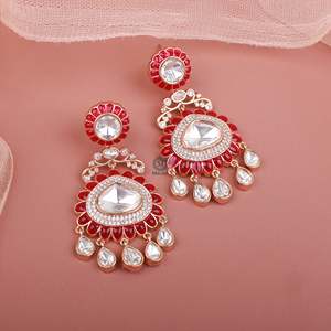 Vama Polki Designer 18K Gold Plated Flower Drop Earrings with Zircon and Pearl - Product Image 1