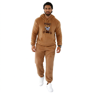 Conjunto de Sudadera con Capucha de Forro Polar Marrón para Hombre con Estampado, Chándal Informal de Manga Larga, Pantalones Deportivos, Conjunto de Dos Piezas, Ropa de Invierno - Product Image 4