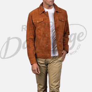 Chaqueta de cuero de gamuza marrón para hombre, estilo camionero, piel de oveja auténtica, corte ajustado, informal, con botones, estilo occidental, diseño vaquero. - Product Image 3