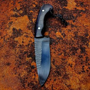 Couteau de chasse et de camping EDC forgé à la main, en acier inoxydable, finition noire, lame fixe, dos texturé, manche en bois, compact, pour l'extérieur - Product Image 2