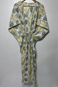 Nuevo Kaftán Naaz Textile con Estampado Animal, Cuello en V, Cordón Ajustable, Manga Corta, Corte Evase, Algodón Suave Indio, Encaje, Largo Completo, para Mujer - Product Image 3