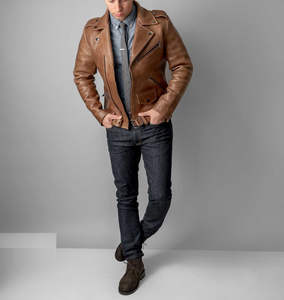 Veste en cuir décontractée pour homme, style motard, imperméable, en peau de mouton, col montant - Product Image 2