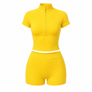 Ensemble sportif 2 pièces pour femme, manches courtes, short cycliste zippé, respirant, séchage rapide, extensible, tenue de yoga et d'entraînement OEM ODM - Product Image 6