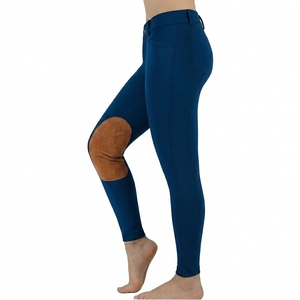 Women's <b>High</b> Waist Horse Riding Pants Full Length Blue With Brown <b>Knee</b> Patches Four-Way Stretch Spandex Nylon Breeches - Product Image 1