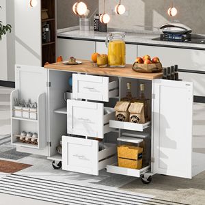 Carrello da Cucina con 3 Cassetti e Ruote, 2 Ripiani Estraibili, Scaffale Interno e Piano in Legno di Gomma - Product Image 1