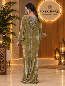 Luxury SugarCane Velvet Kaftan <b>Dress</b> | Handcrafted <b>Silver</b> Zari & Resham Embroidery Arabian Abaya | Wholesale Modest <b>Evening</b> Wear - Product Image 2