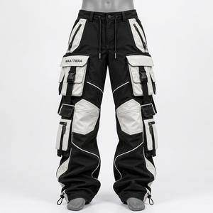<b>Mens</b> Black <b>White</b> <b>Cargo</b> Pants With Contrast Panels Multi Pocket Design Adjustable Buckle Straps Baggy Utility Streetwear <b>Trousers</b> - Product Image 5