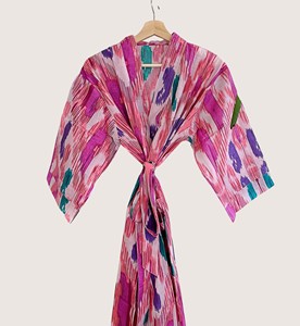 Bata Larga para Mujer con Estampado Geométrico, Manga Tres Cuartos, Cuello Mandarín, Suave y Casual para Primavera, 100% Algodón Tejido - Product Image 2