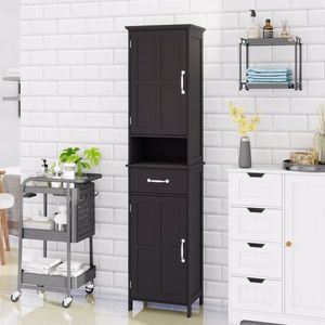 Mobiletto Nero a Doppia Anta, Sottile e Alto, con 2 Ripiani Regolabili per Arredo Bagno - Product Image 4