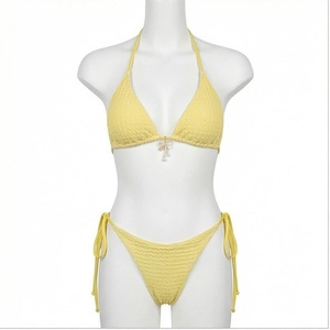 Yellow Textured <b>Bikini</b> <b>Set</b> With Pearls Halter Top And Tie Side Bottom Women Swimwear - Product Image 2