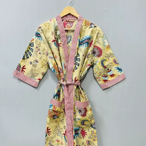 Kimono de Verano Estampado Mukut, Estilo Bohemio, Cuello en V, 100% Algodón, Cierre con Cordón, Lujoso, Casual, Largo, para Descansar - Product Image 1