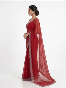 Sari rouge brodé avec des paillettes, longueur au sol, tenue traditionnelle indienne pour mariage, pour femmes - Product Image 2
