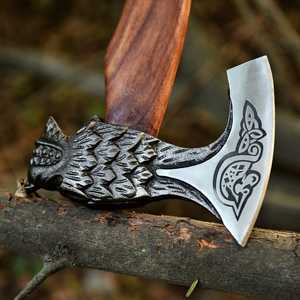 THEWIZ CRAFTS Handmade High Carbon Steel Viking Tomahawks Industrial Grade Survival Camping Hatchet Wooden <b>Handle</b> Leather Sheath - Product Image 5