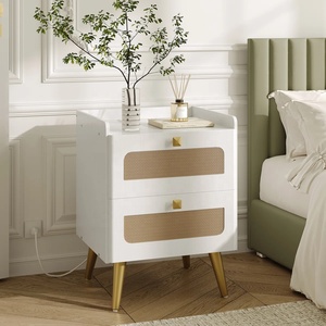 Modern look wooden nightstand with Gold Metal Legs Two Drawer Rattan Nightstand for Elegant Modern Bedroom Decor - Product Image 1