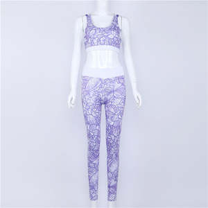 Ensemble de yoga pour femme, haut court à bretelles croisées à imprimé floral bleu, leggings taille haute longueur intégrale, respirant, en spandex et polyester, 2 pièces - Product Image 3