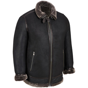 Chaqueta de cuero genuino para hombre con cuello de sherpa, con cremallera, para invierno, venta al por mayor personalizada - Product Image 3
