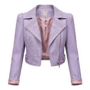 เสื้อแจ็คเก็ตหนัง PU สีม่วงสำหรับผู้หญิง แบบครอป ตัดเย็บลายเพสลีย์ ซิป คอปกพับได้ - Product Image 1