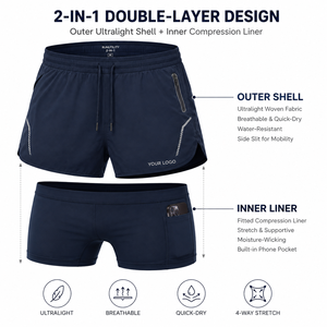 Custom Embroidered Double <b>Layer</b> Shorts Mesh Inner Liner and Quick-Dry Fabric Built for Men's Running and Summer Workouts - Product Image 3